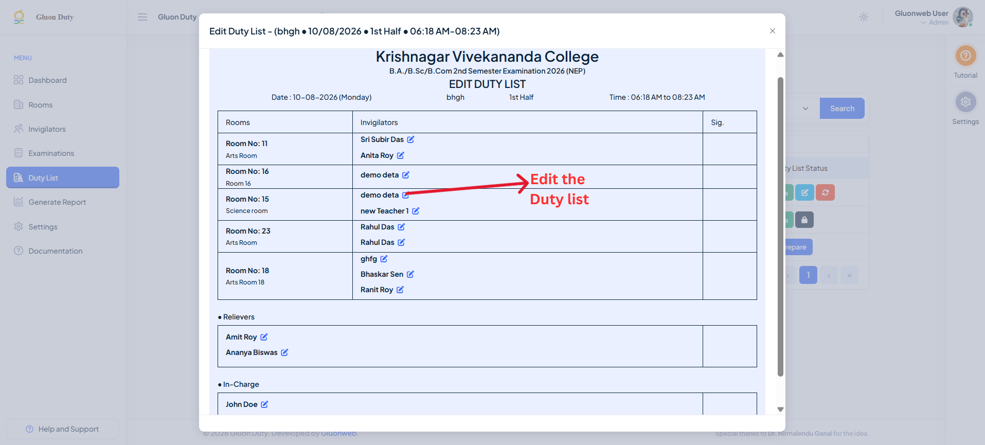 Edit Duty List Modal