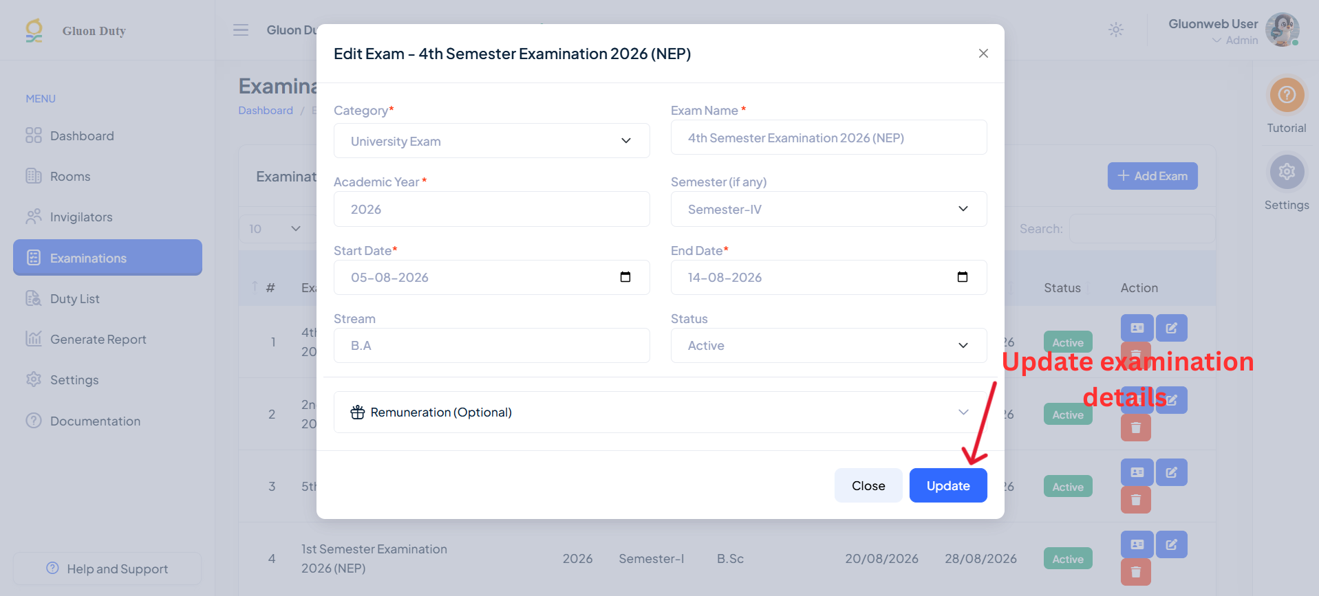 Edit Examination Form